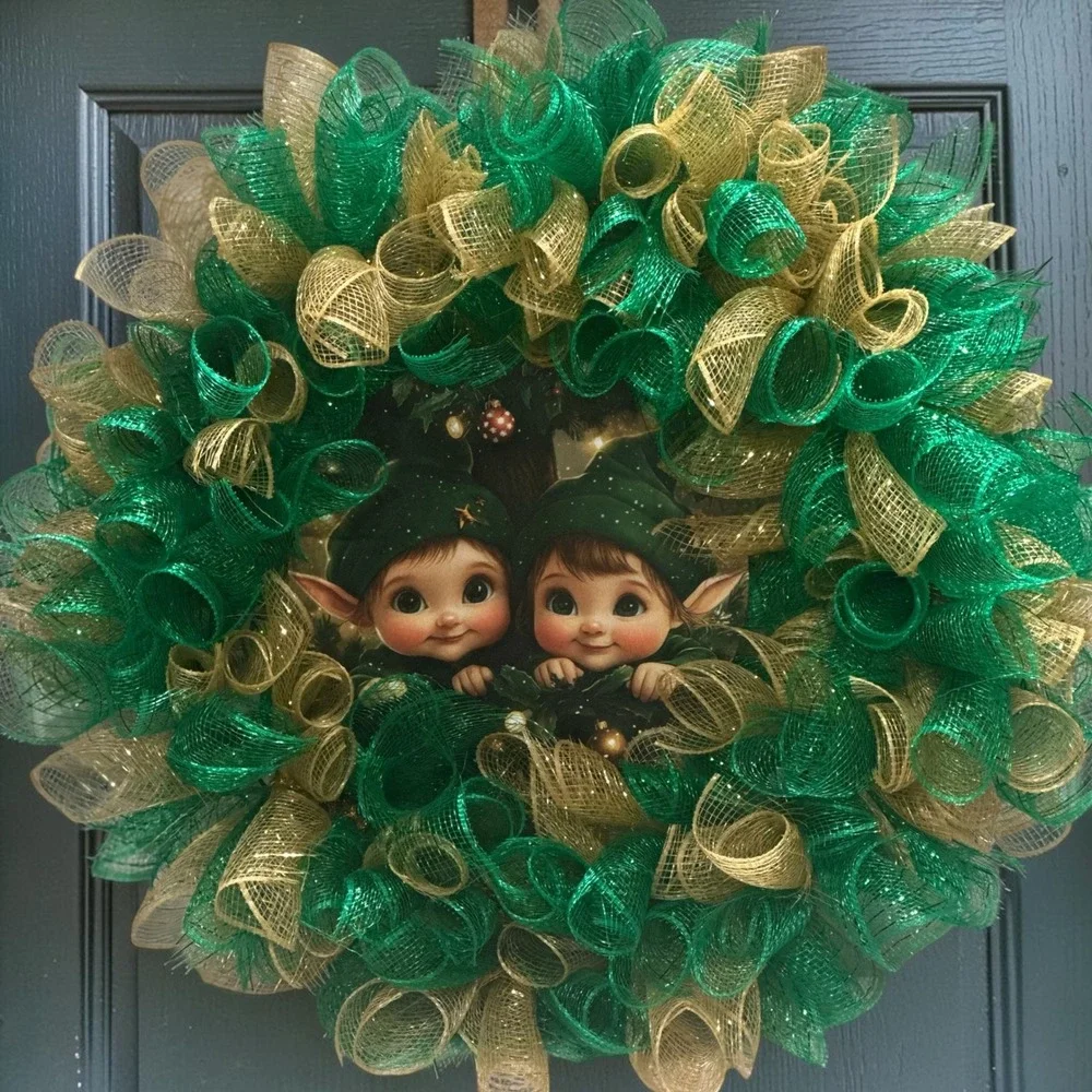 Christmas Elf Deco Mesh Wreath Green Gold Holiday Front Door Decor Handmade